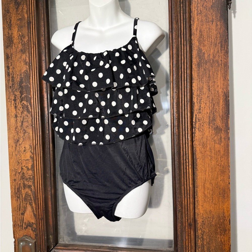 90's Sirena size 14 Black Polka Dot Ruffle One Piece Swimsuit